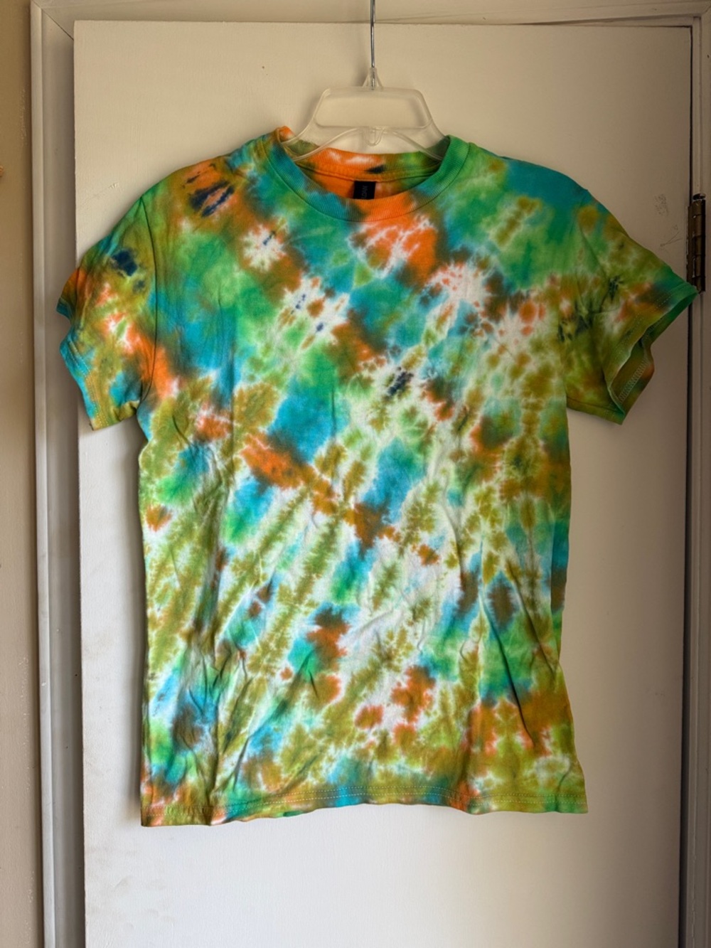 Handmade Colorful Tie-Dye Tee - Vibrant Green, Blue & Orange